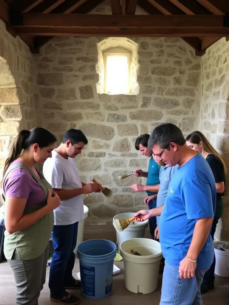 A photograph capturing volunteers cleaning and restoring a section of the chapel's interior, showcasing their dedication and teamwork.