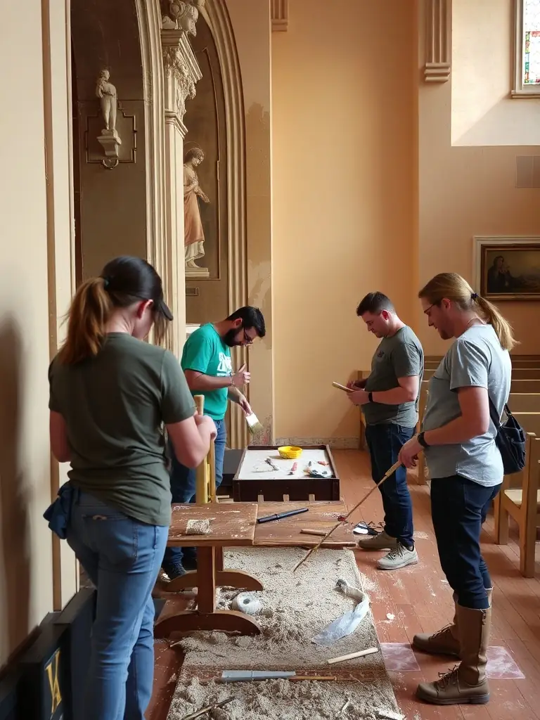 A photograph capturing volunteers cleaning and restoring a section of the chapel's interior, showcasing their dedication and teamwork.