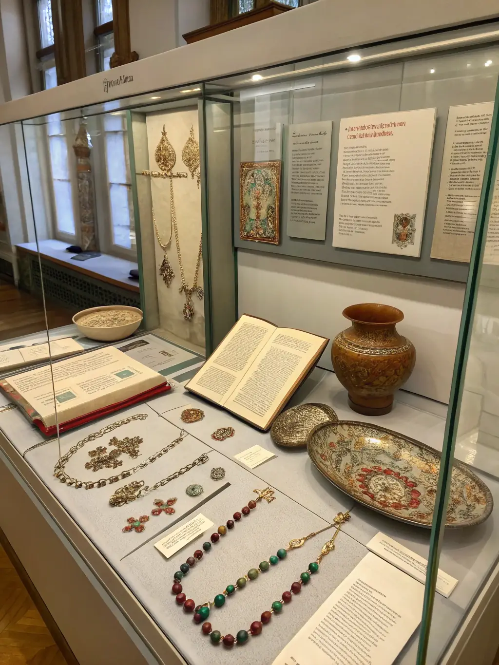 A photo of a historical exhibit inside the chapel, showcasing artifacts and documents related to the chapel's history and the local area.