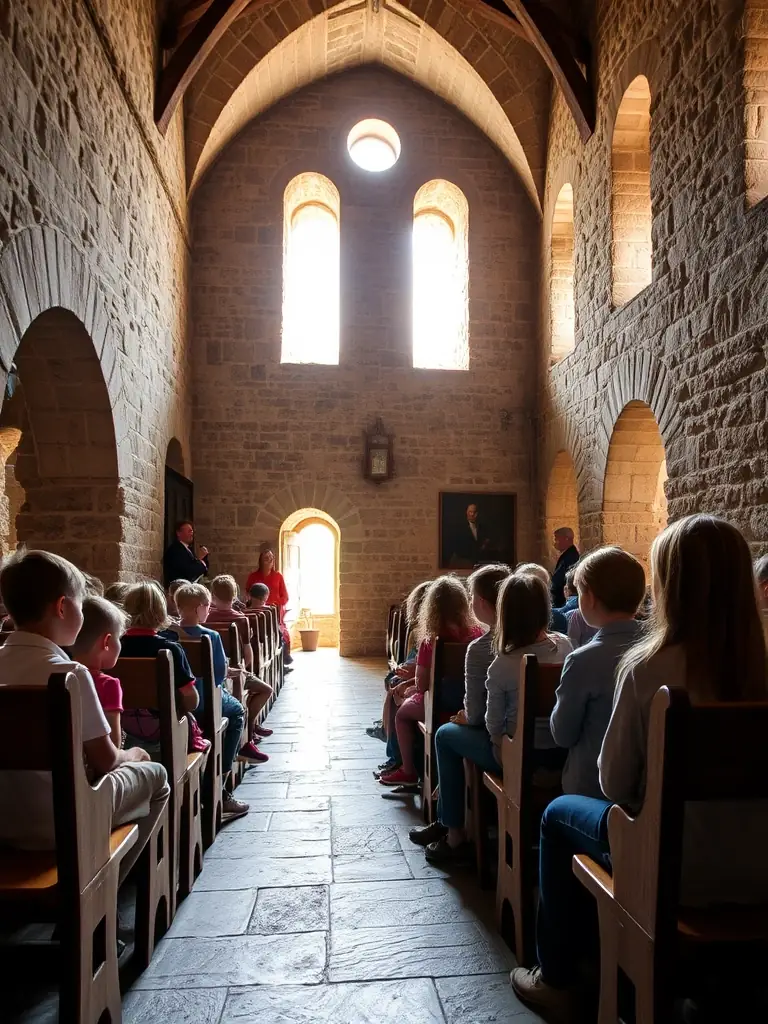 A photo of children engaged in an educational workshop about the chapel's history and art, led by a knowledgeable instructor.