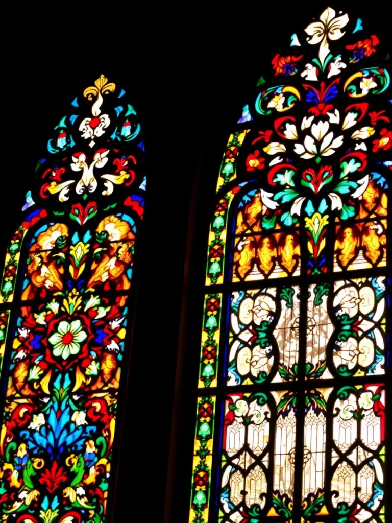 A photograph capturing the meticulous restoration work being done on the chapel's stained glass windows, highlighting the delicate craftsmanship involved.
